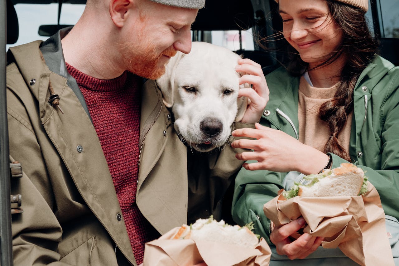 about-01 Smiling couple shares a moment with their Labrador retriever during an outdoor picnic.